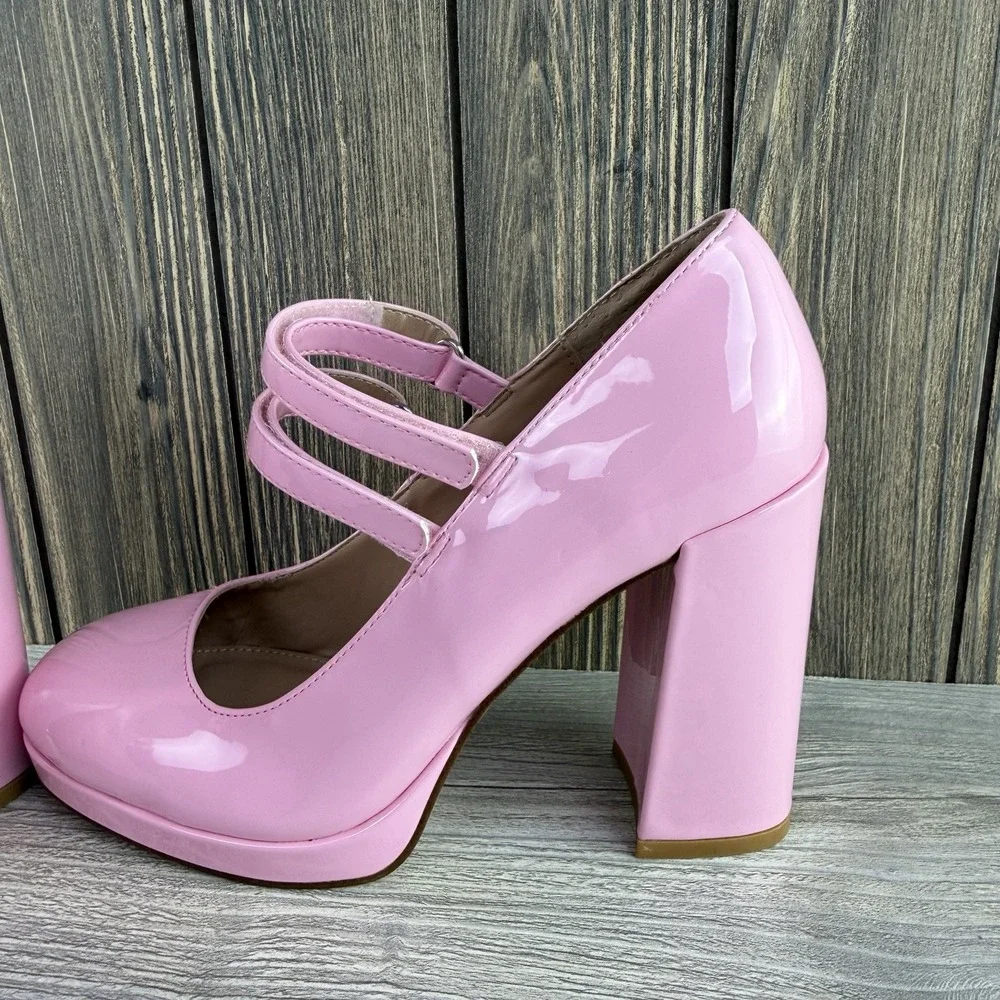 Steve Madden Womens 7.5 Pink Patent Mary Jane Platform Block Heel Pumps